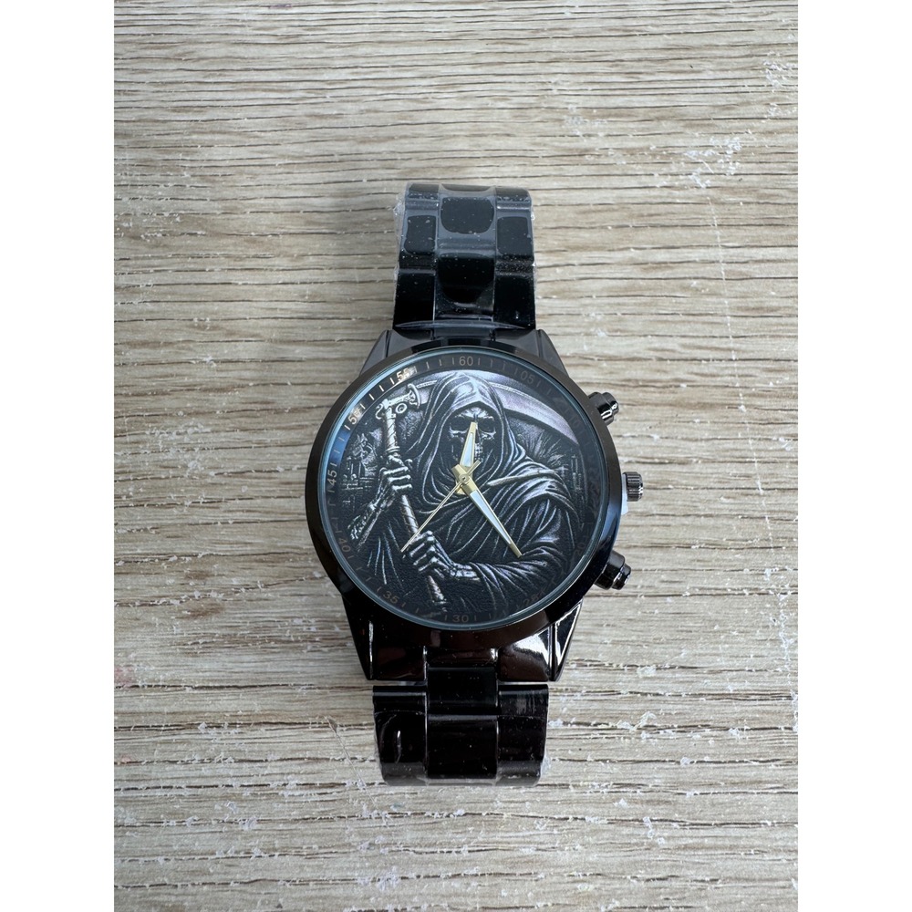 Grim Reaper Gothic Black Metal Link Bracelet Watch Analog Quartz